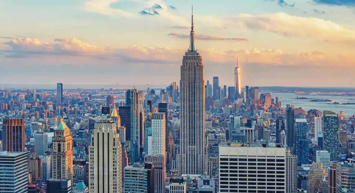 New York City skyline at sunset